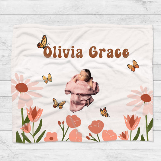 Personalised Retro Flower Butterfly Blanket