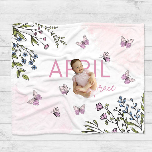 Personalised Pink Blue Wildflower Butterfly Blanket