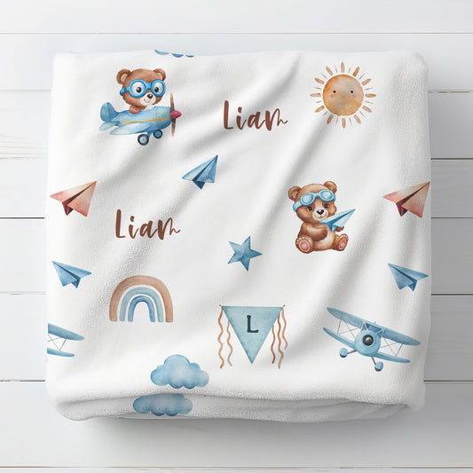 Personalised Bear Airplane Baby Blanket