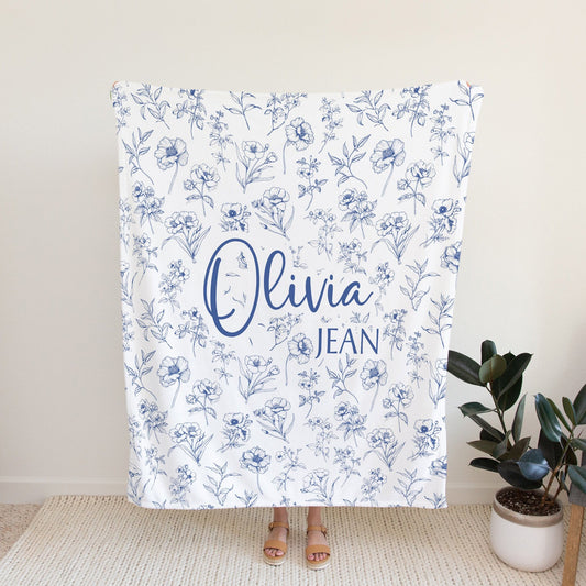 Personalised Blue Floral Blanket