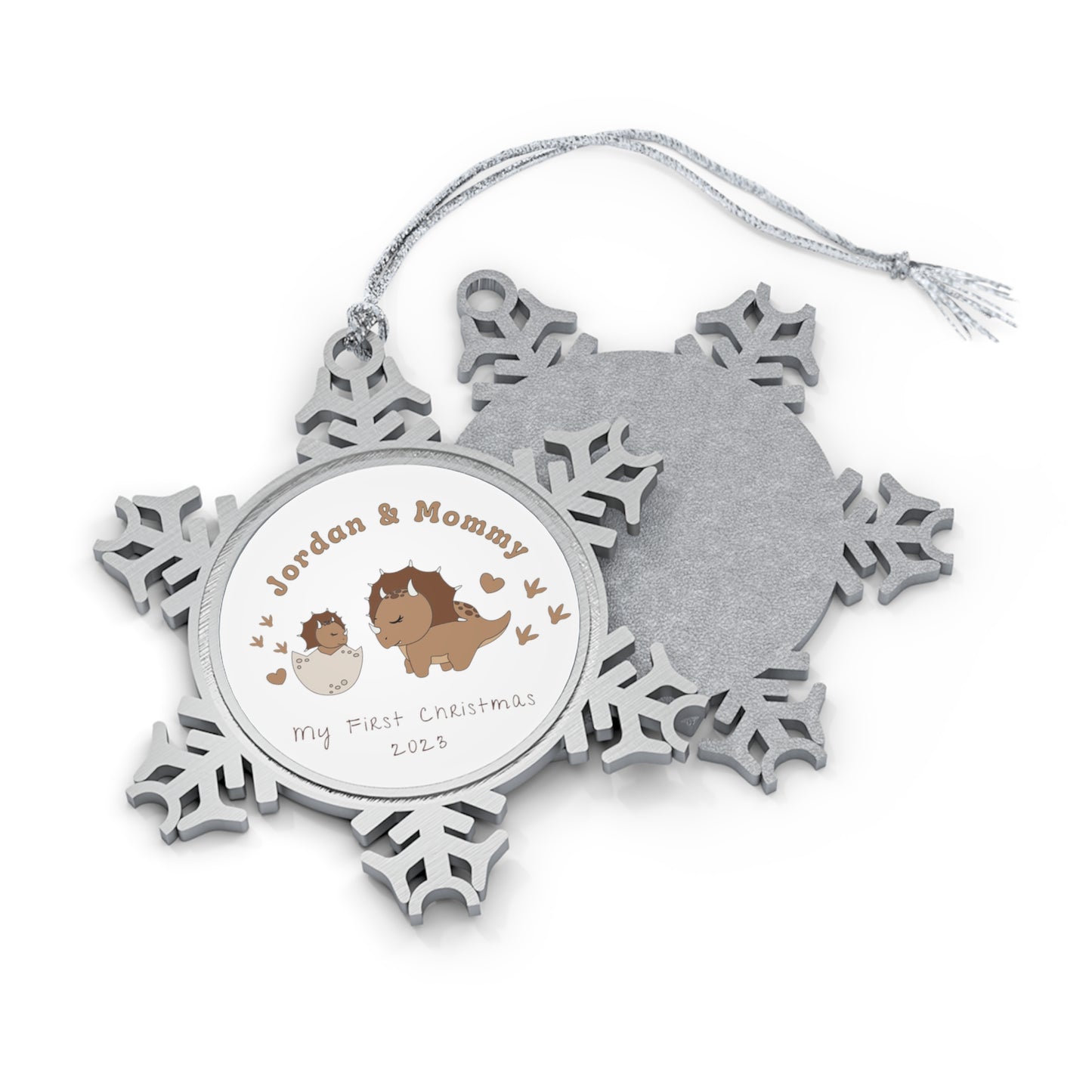 Personalised Pewter Snowflake Ornament | Mum and Baby Dinosaur Triceratops