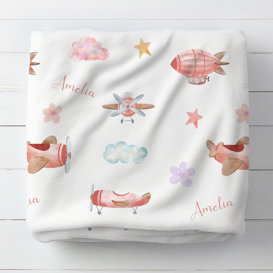 Personalised Pink Airplane Baby Blanket