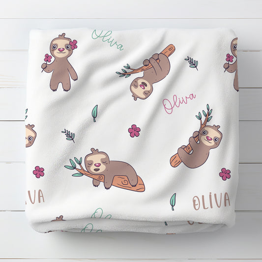 Personalised Cute Sloth Floral Blanket