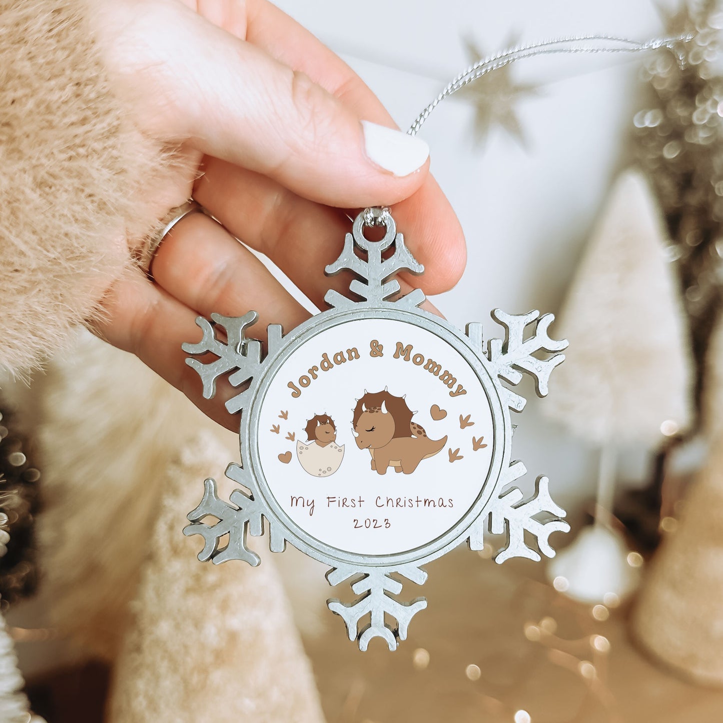 Personalised Pewter Snowflake Ornament | Mum and Baby Dinosaur Triceratops